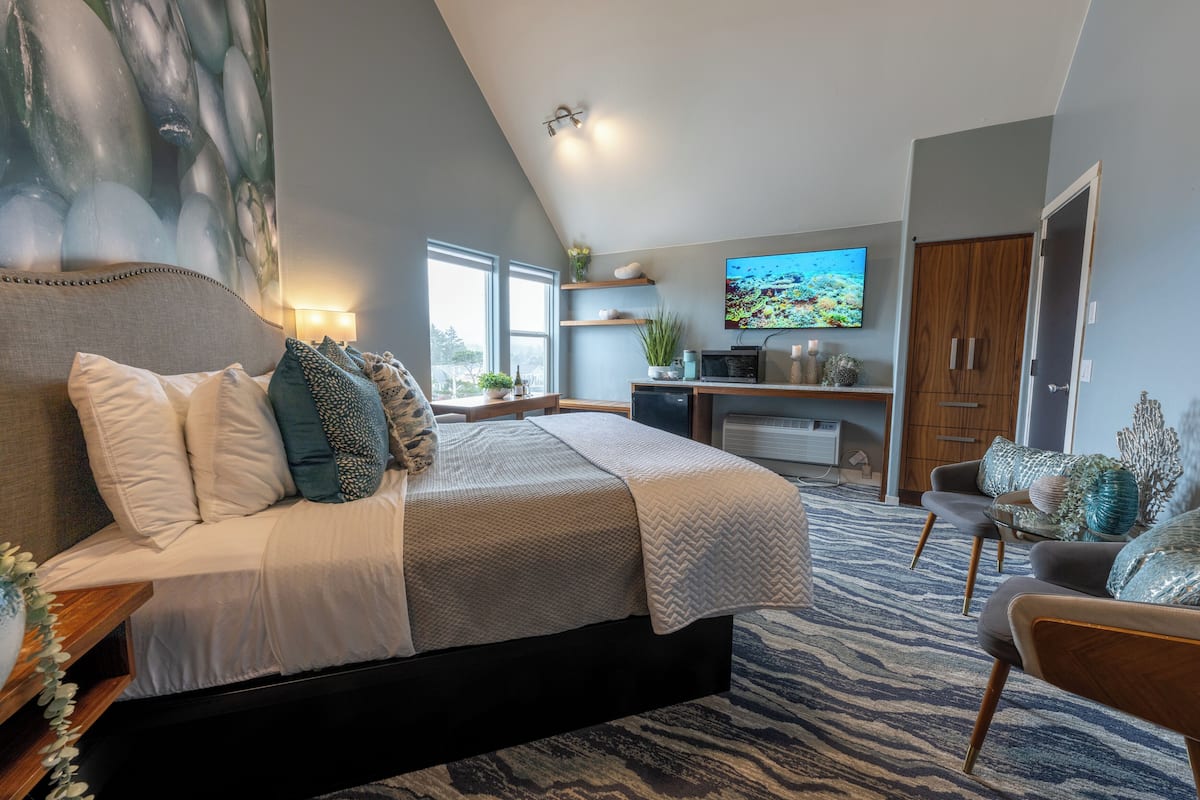 Un dormitorio moderno con una cama grande, un escritorio, un televisor y un armario.