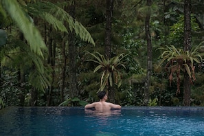 A man in a swimming pool surrounded by lush greenery. - House Sangkuriang (Bandung)