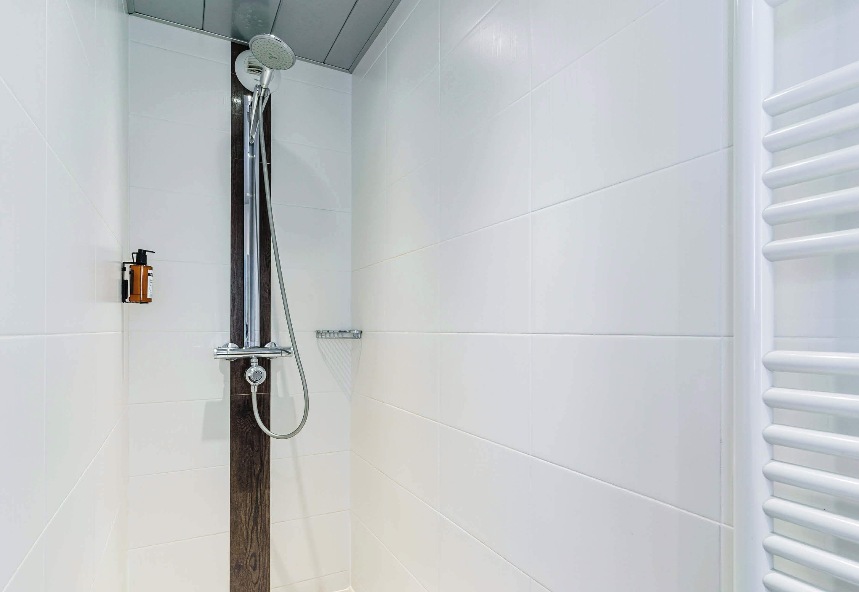 shower, hydromassage showerhead, free toiletries, hair dryer