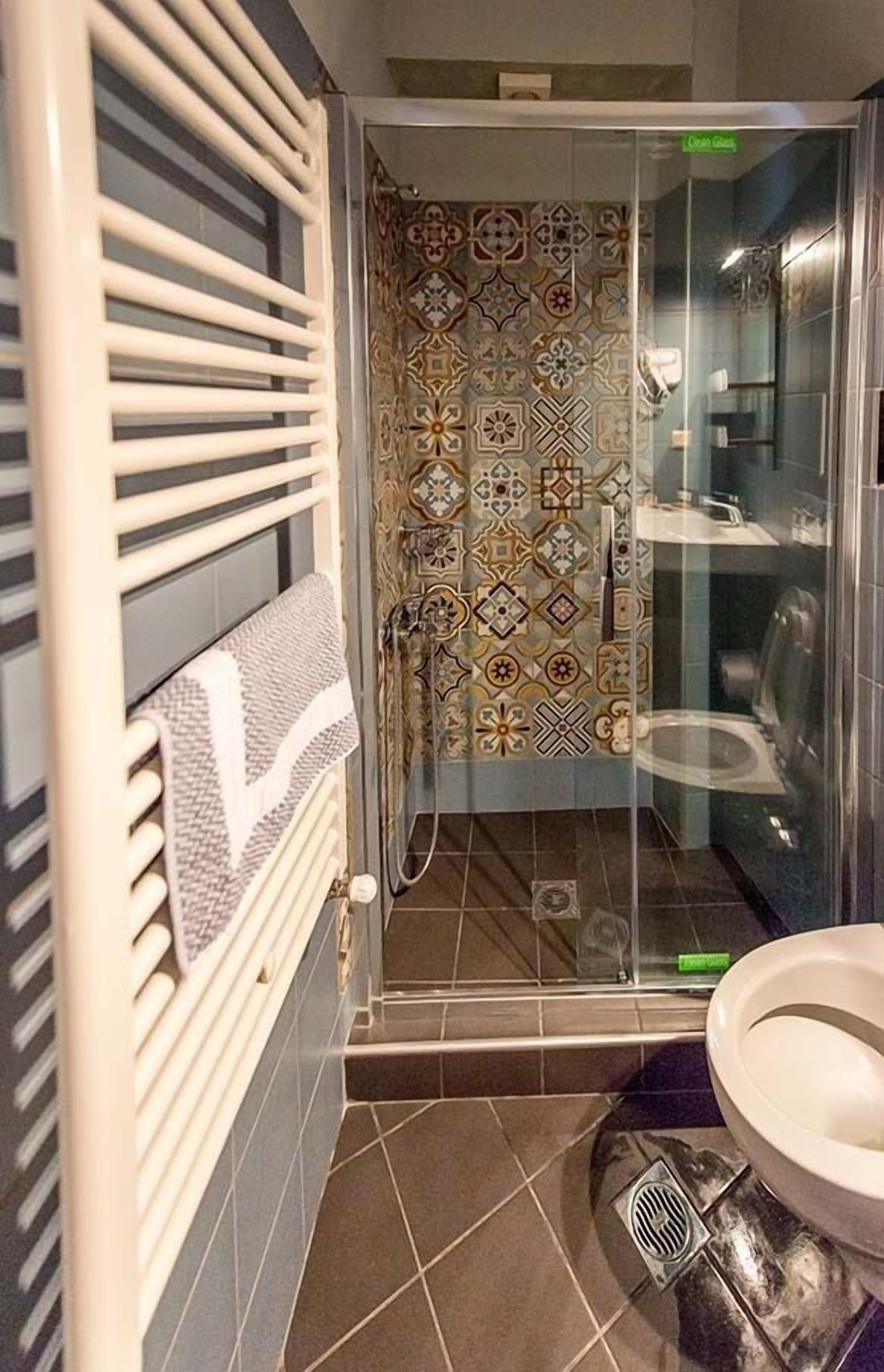 standard room | bathroom | shower, free toiletries, hair dryer, towels