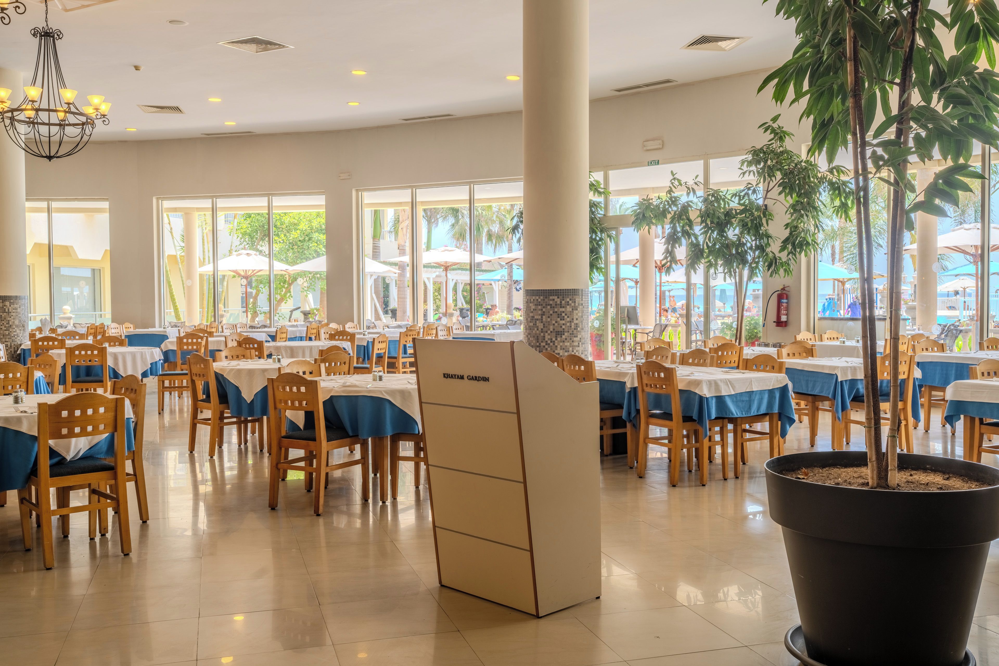 A spacious indoor dining area with multiple tables and chairs, large windows, and a potted plant.
