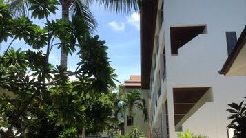 A building with a white facade and dark brown accents, surrounded by lush greenery including palm trees and various plants.