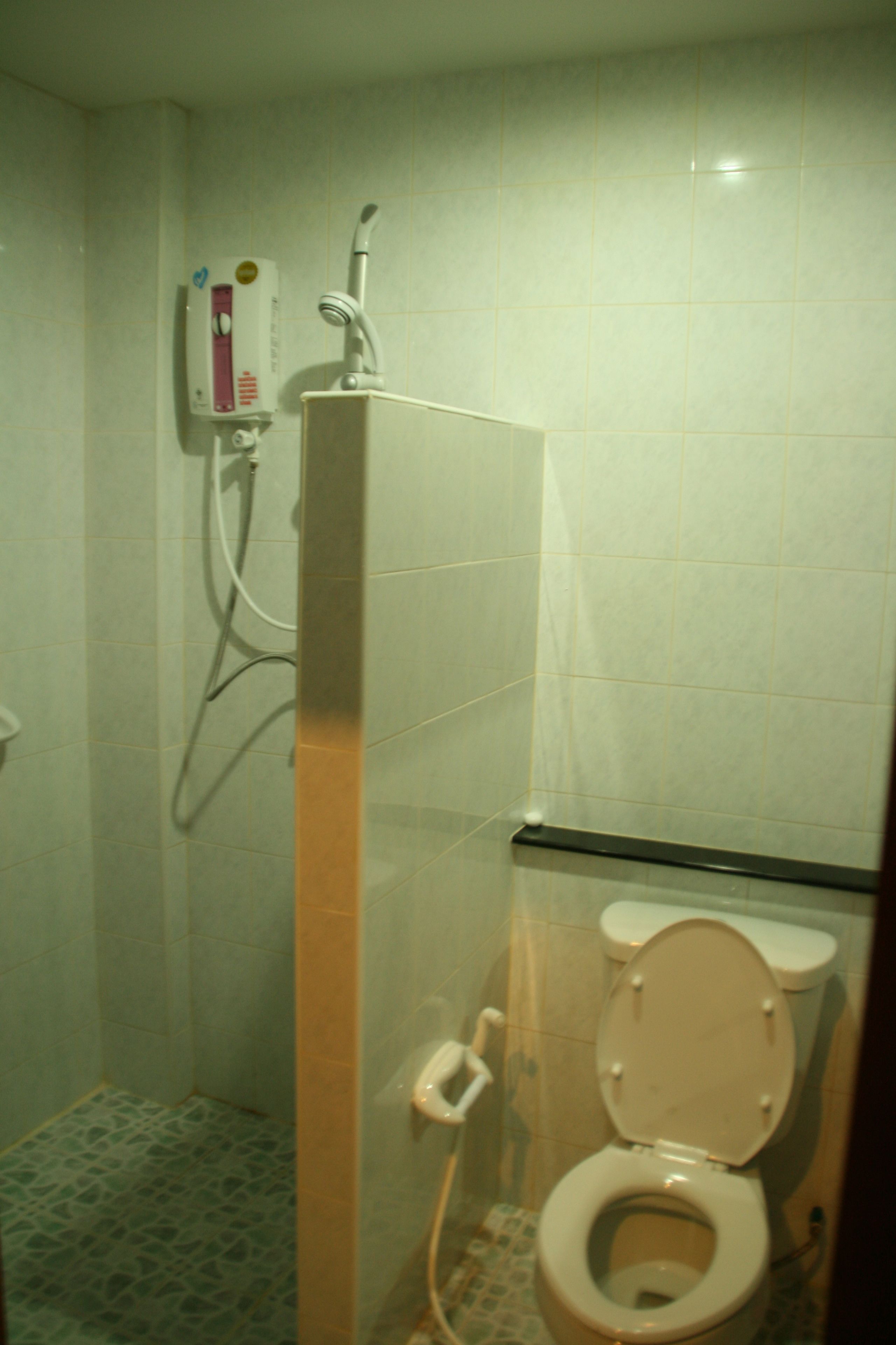 A bathroom with a toilet, a shower, and a hand dryer.