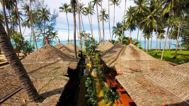 A resort with thatched-roof huts arranged in a row, surrounded by palm trees and a view of the ocean. - Lipa Bay Resort (Koh Samui)