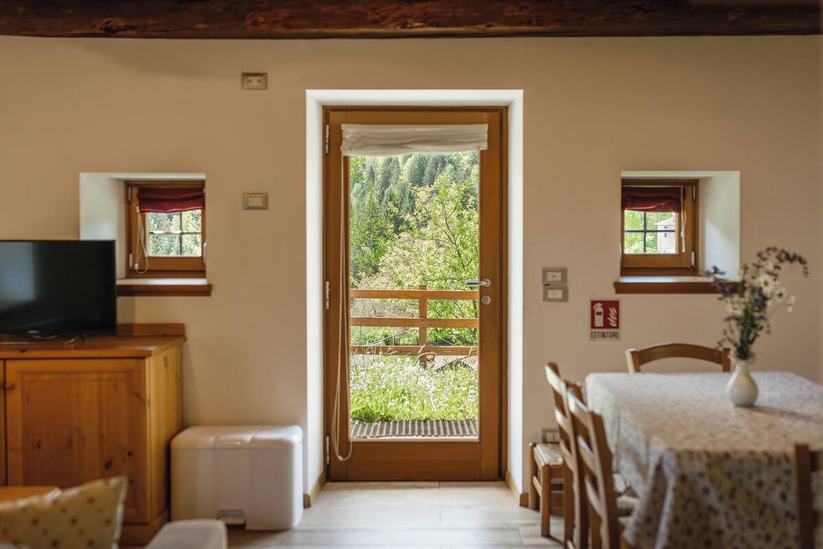 A room with a wooden door leading to a balcony, a television on a wooden cabinet, a dining table with chairs, and a small window with a curtain.