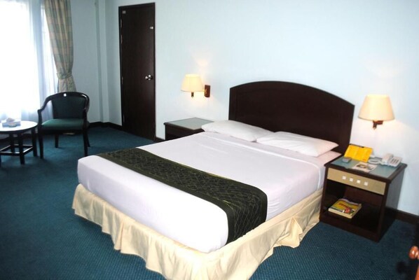 A hotel room with a large bed, two bedside tables, a chair, and a window with curtains.