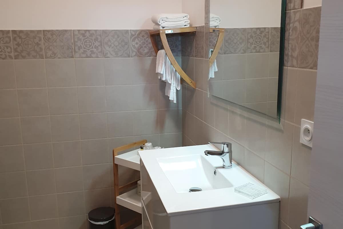 deluxe apartment, terrace | bathroom | shower, free toiletries, hair dryer, towels