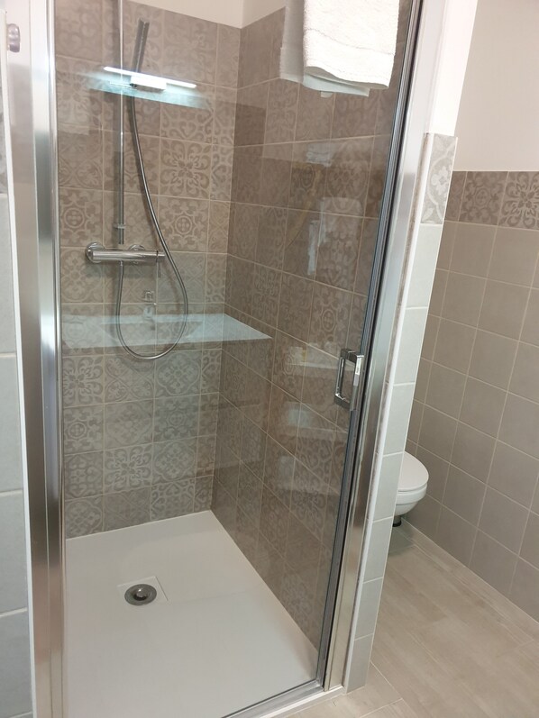 A glass-enclosed shower stall with a showerhead and handheld shower attachment, a glass shelf above, and a white toilet in the adjacent bathroom. - Hôtel Le Lido (Lucciana)