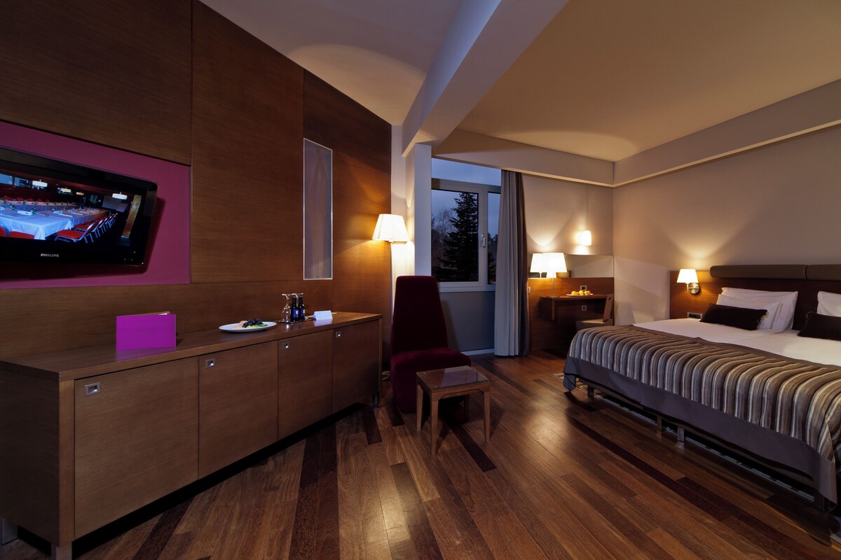 A hotel room with a bed, a desk, a chair, a TV, and a window.