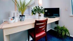 Habitación de hotel con un escritorio de madera, una silla roja, un televisor, una planta en maceta y un pequeño helecho.