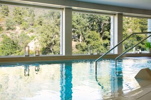 Una piscina interior con agua cristalina, una escalera de metal y ventanas amplias que dan a un lateral boscoso.