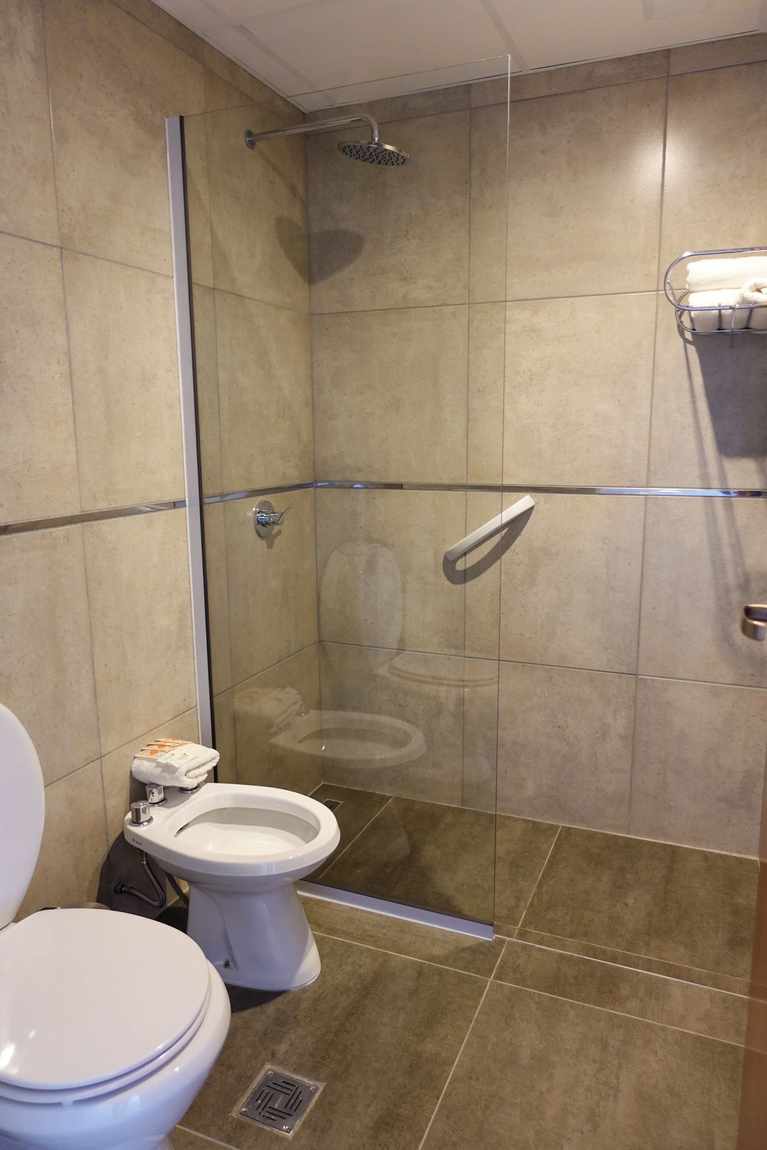 A modern bathroom with a glass-enclosed shower, a toilet, and a bidet.