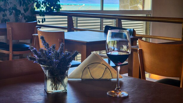 Una mesa con una copa de vino y un florero, con vistas a un paisaje desde amplias ventanas.
