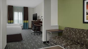 Desk, laptop workspace, blackout curtains, iron/ironing board