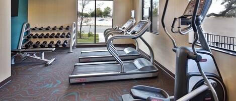 A gym with treadmills, ellipticals, and a rack of dumbbells.