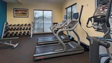 A gym with treadmills, dumbbells, and a bench.