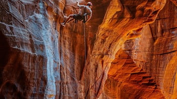 Una persona descendiendo por una pared de roca grande y rugosa, usando una cuerda.