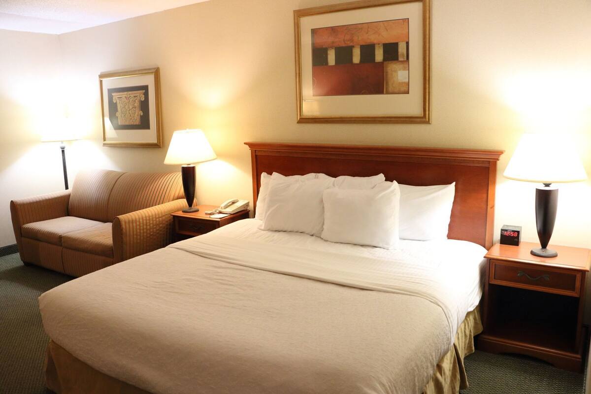 Pillowtop beds, desk, blackout drapes, iron/ironing board