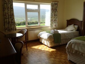 Una habitación con dos camas, una mesa y una silla. Hay una ventana con cortinas, un radiador y vistas al campo.