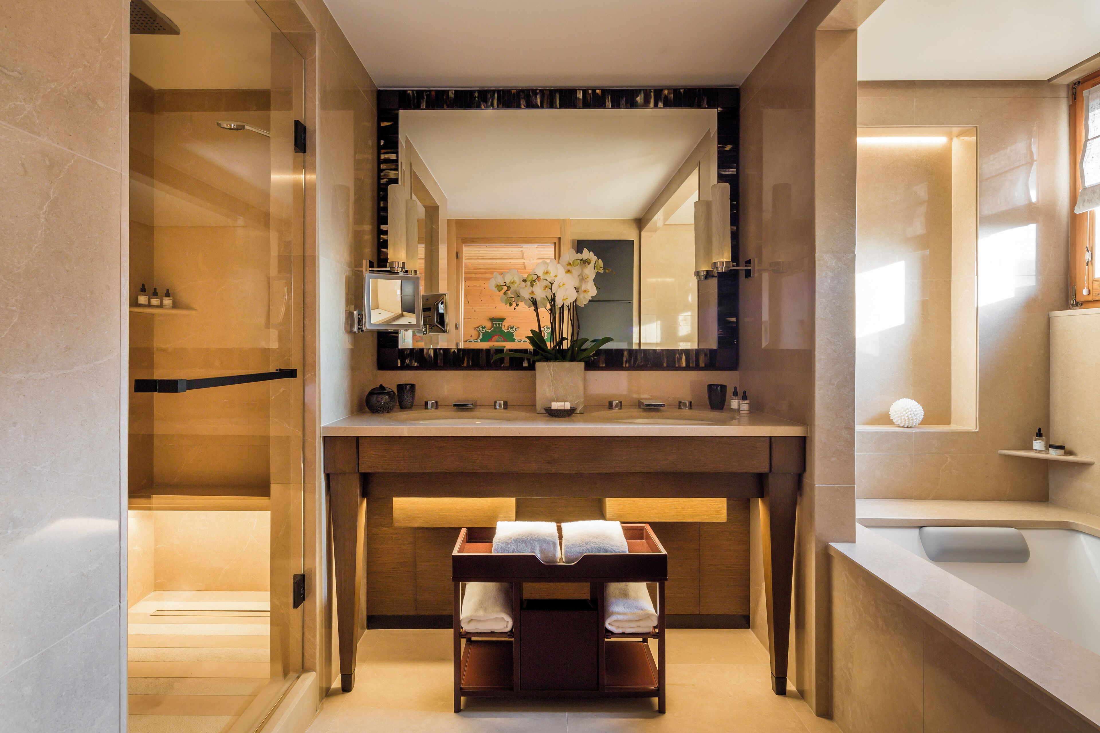 separate bathtub and shower, designer toiletries, hair dryer, bathrobes