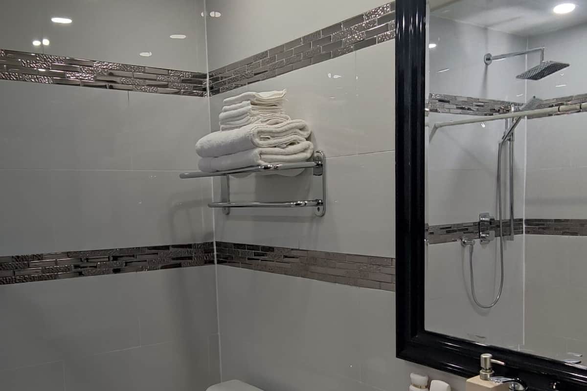 A modern bathroom with a glass-enclosed shower, a white toilet, a sink with a mirror, and a towel rack.