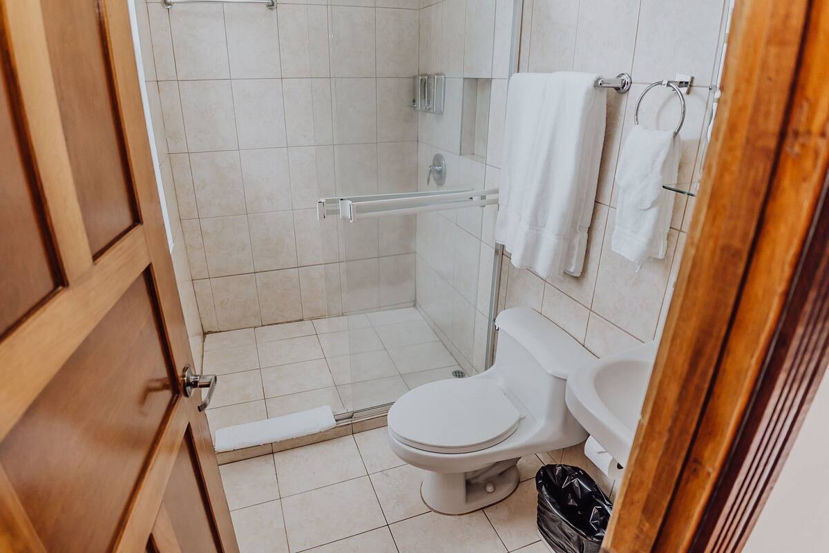 Un baño con inodoro, lavabo y ducha.