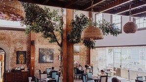 An indoor dining area with brick walls, hanging plants, and wooden beams. Tables and chairs are arranged for guests. - Dunn Inn (San José)