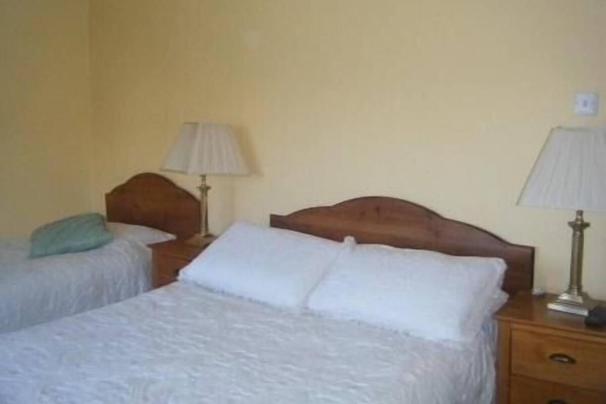 A hotel room with two single beds, wooden headboards, bedside tables with lamps, and a plain wall.