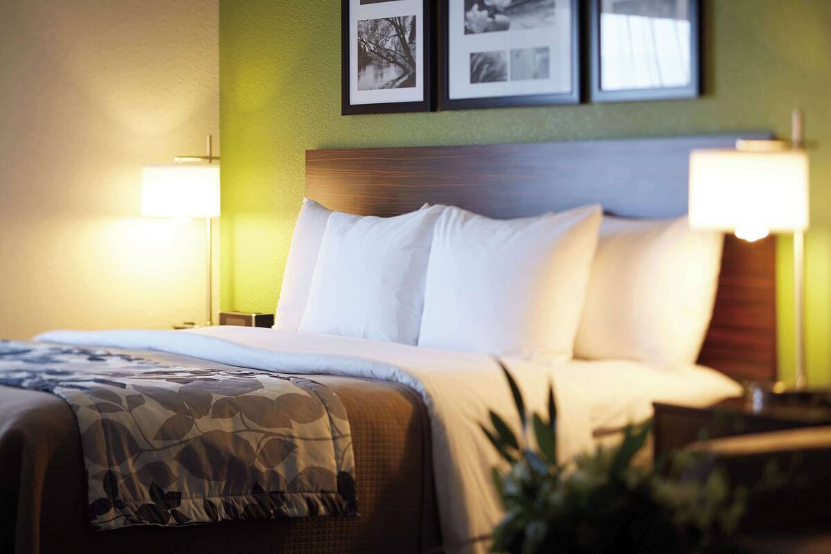 A neatly made bed with white linens and a patterned throw, flanked by two bedside lamps, in a room with green walls and framed pictures above the bed.