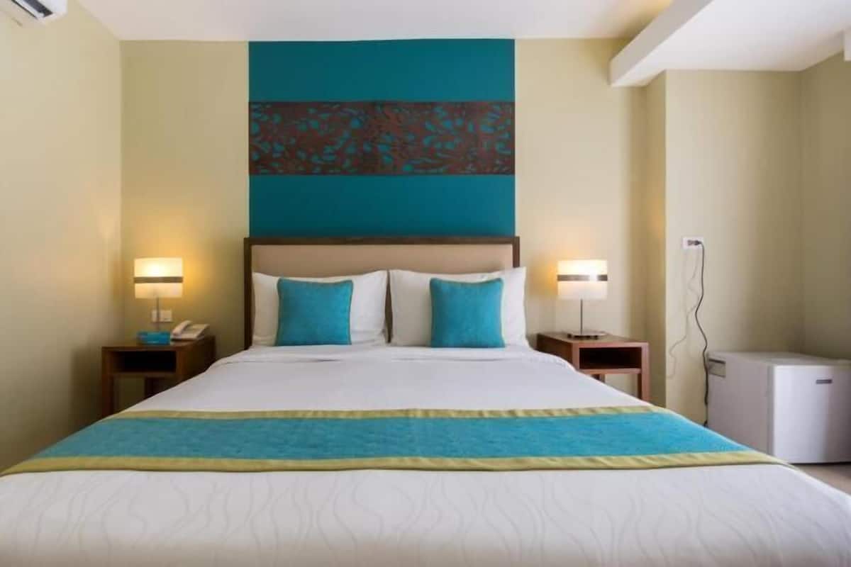 Habitación de hotel con una cama grande, dos mesitas de noche, una lámpara de noche, una obra de arte en la pared y un pequeño electrodoméstico blanco.