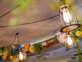 A ceiling with hanging light fixtures and floral decorations.