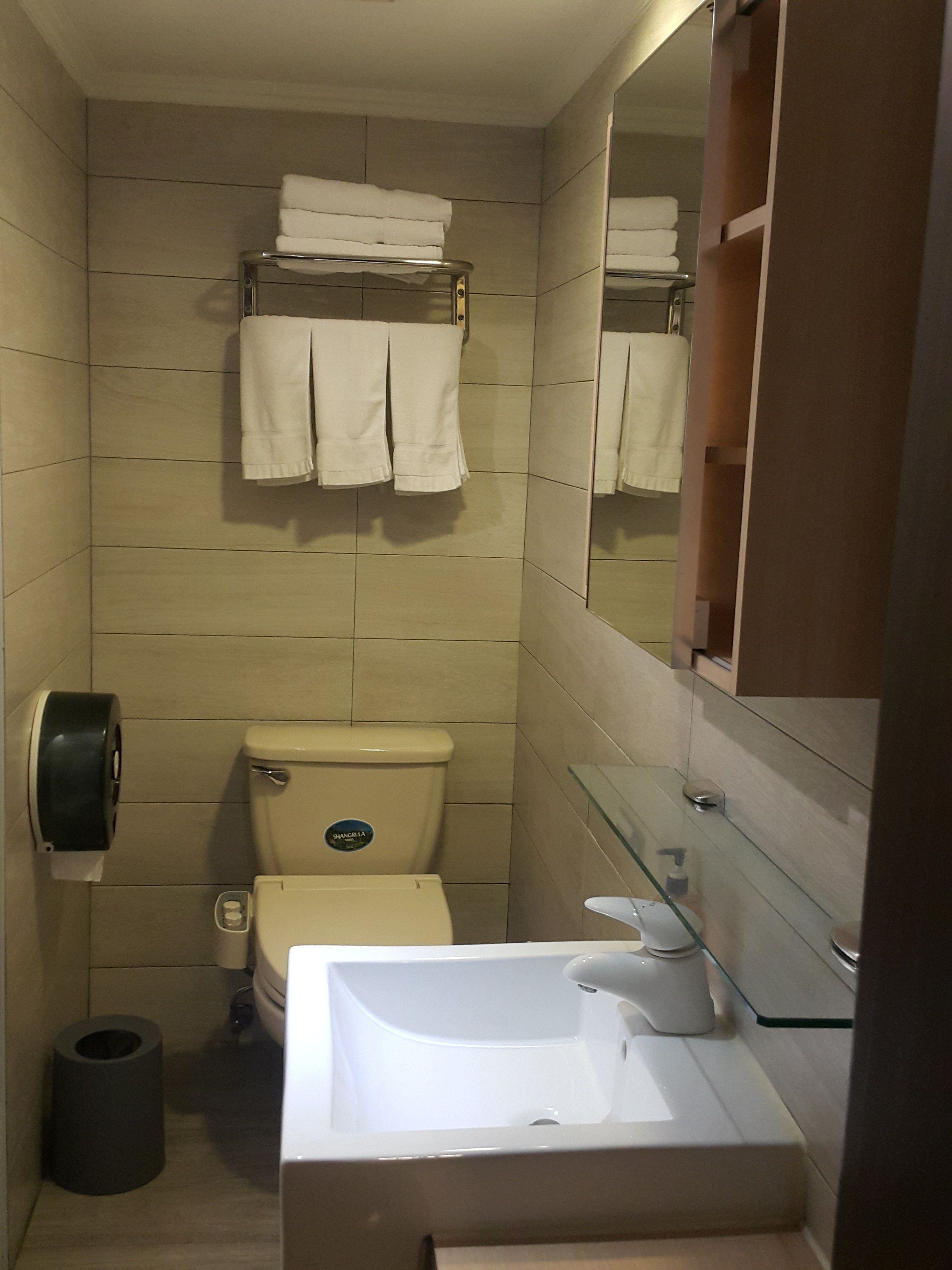 Ein kleines Badezimmer mit Toilette, Waschbecken und Spiegel. Handtücher hängen über der Toilette an einem Halter.