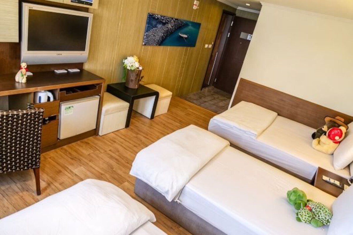 A hotel room with two beds, a TV, a small table with a vase, and a wall-mounted picture.