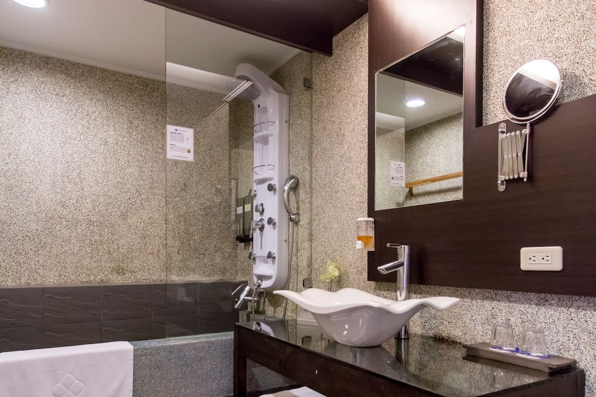 shower, rainfall showerhead, free toiletries, hair dryer