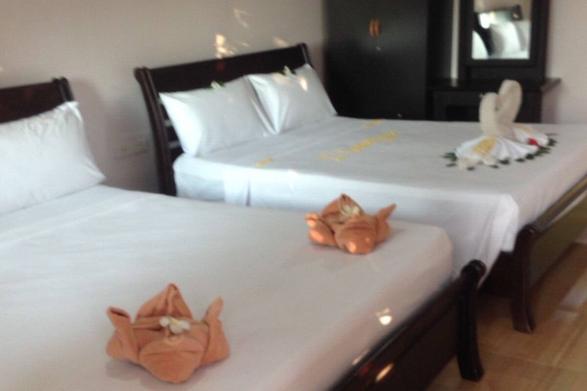 Two single beds with white linens and wooden headboards, a dark wooden dresser, and a mirror on the wall.