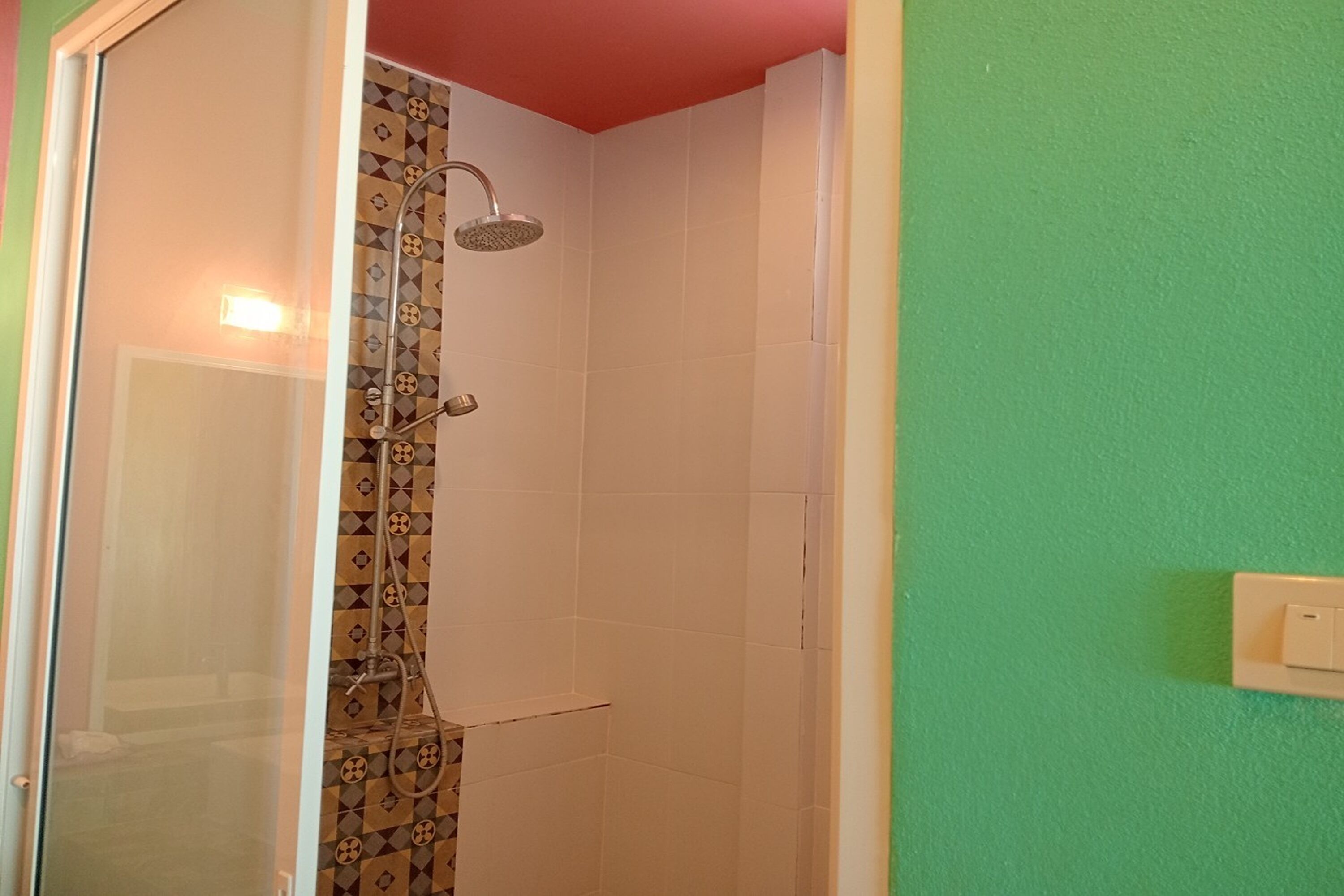 Ducha con pared de azulejos estampados y techo rojo.