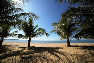Beach nearby, sun loungers, beach umbrellas, beach volleyball