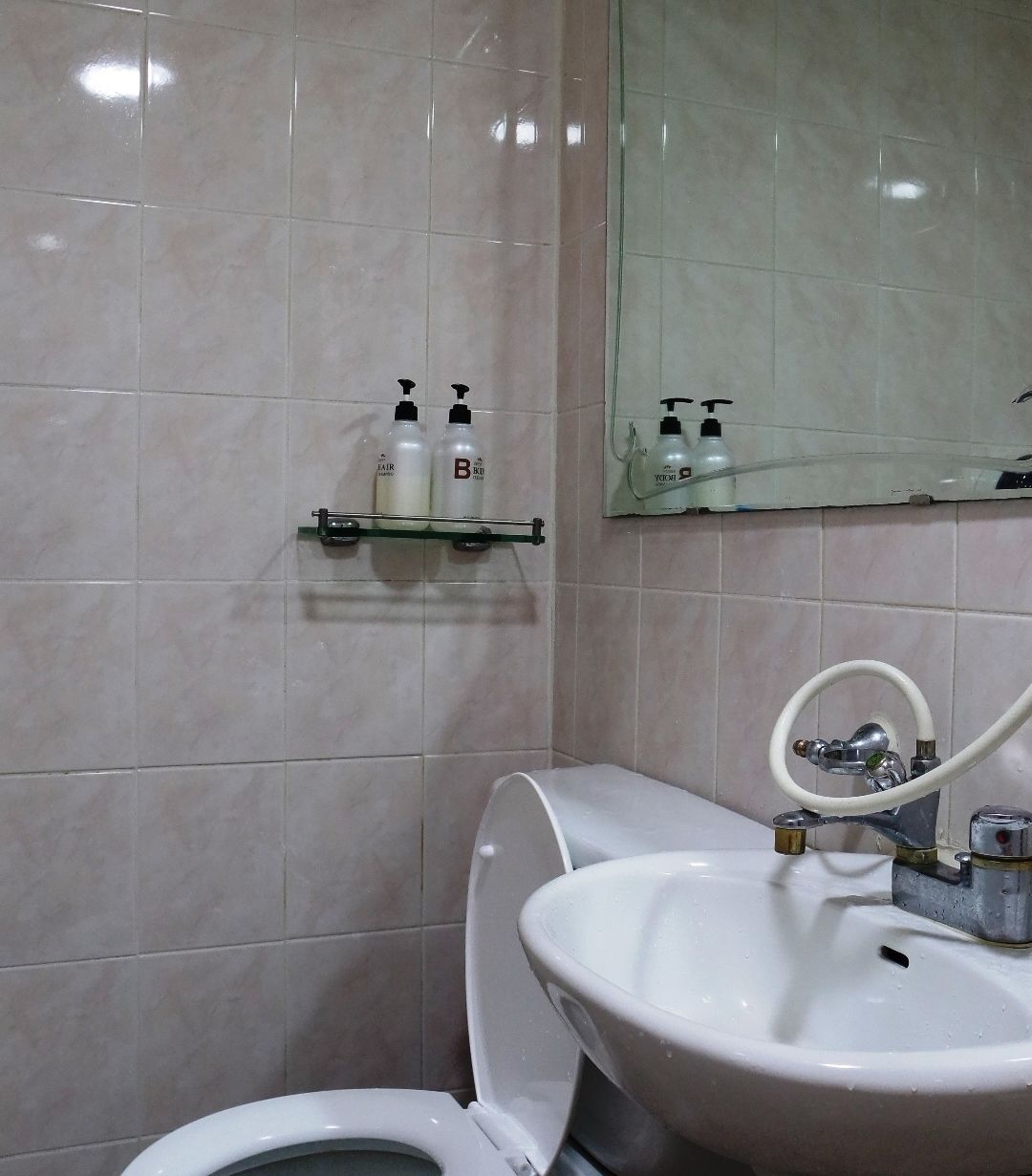A bathroom with a toilet, sink, and two shelves with toiletries.
