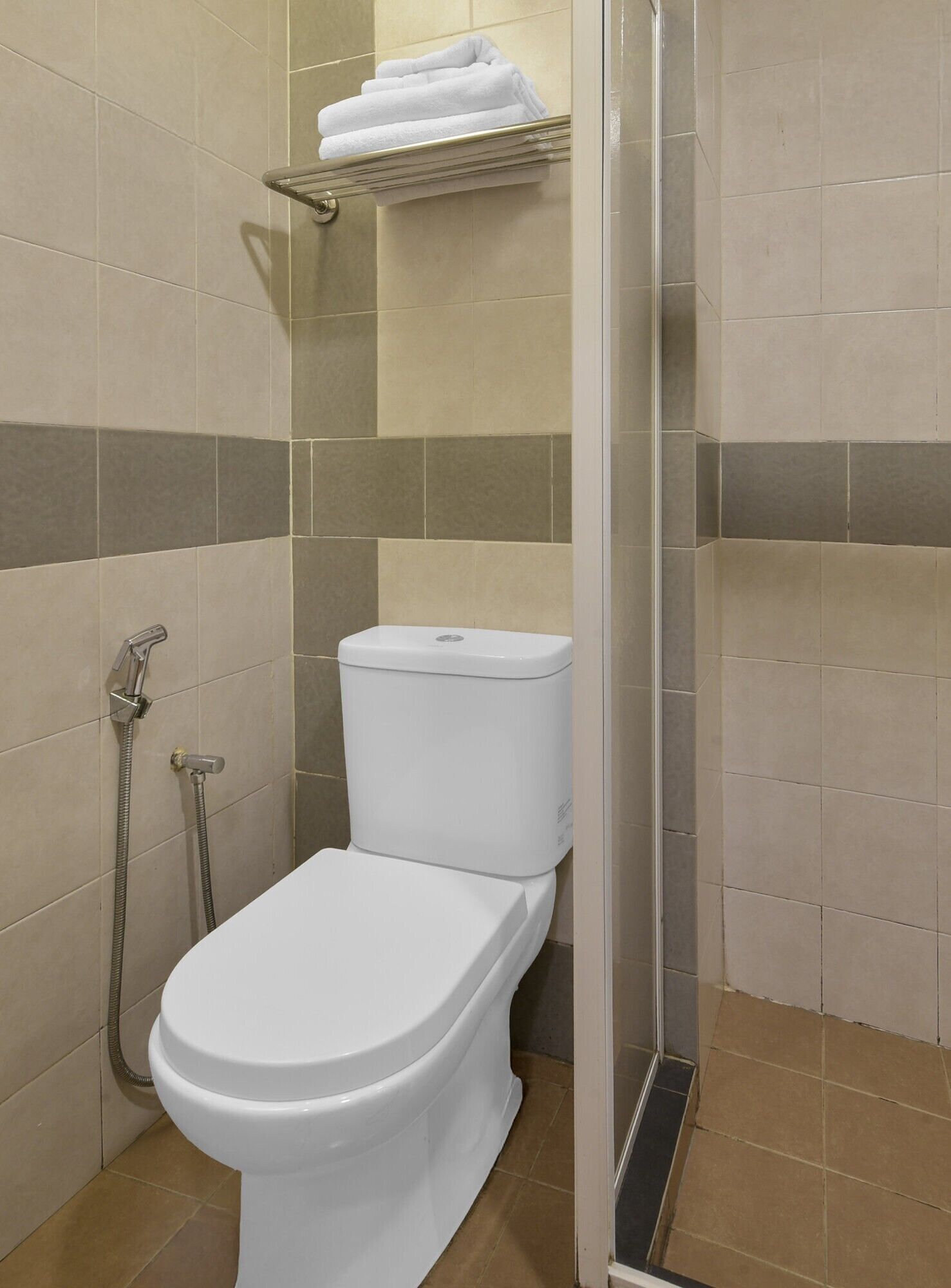 A bathroom with a toilet, shower, and towel rack.