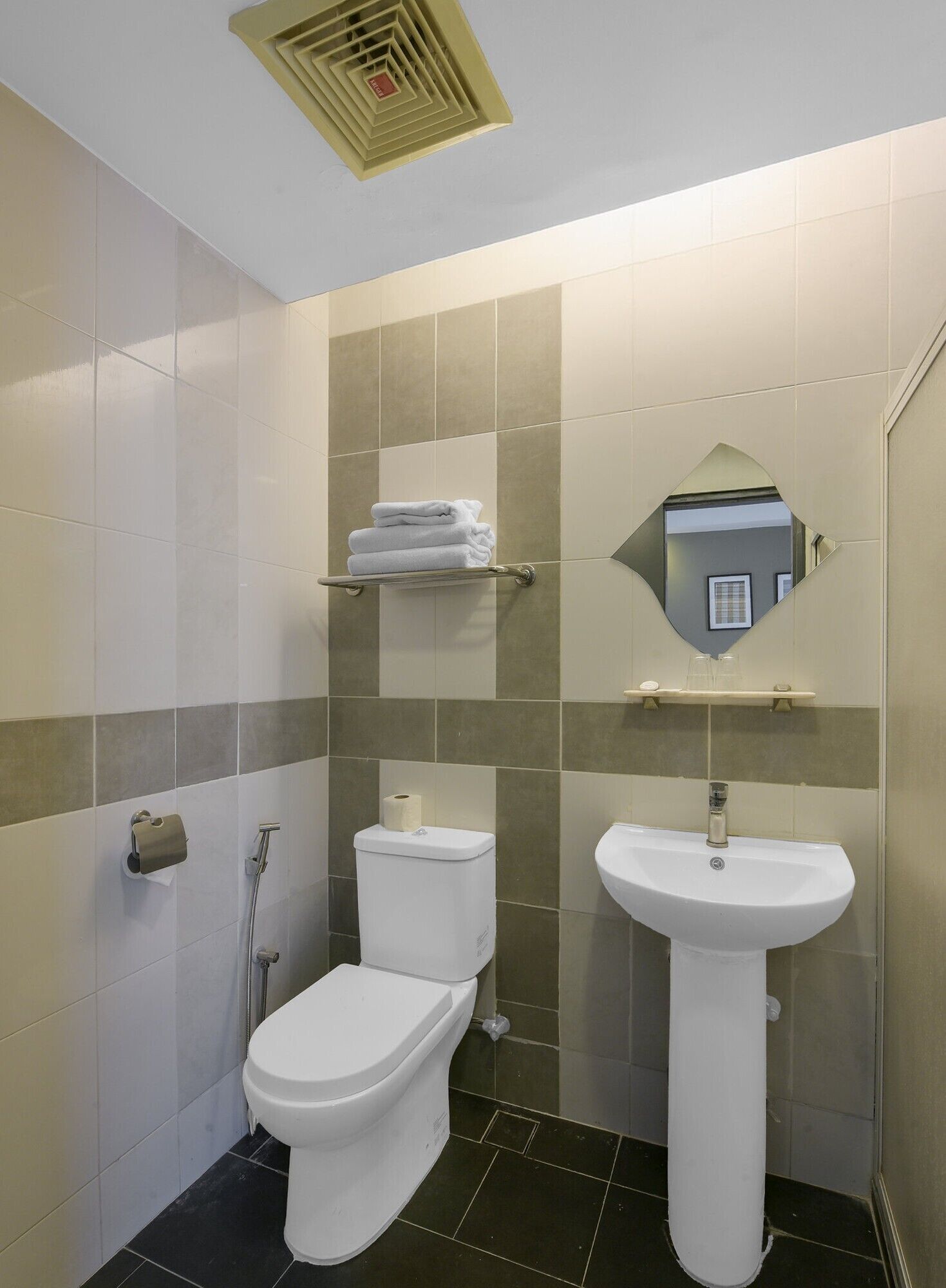 Un baño con inodoro, lavamanos y espejo.
