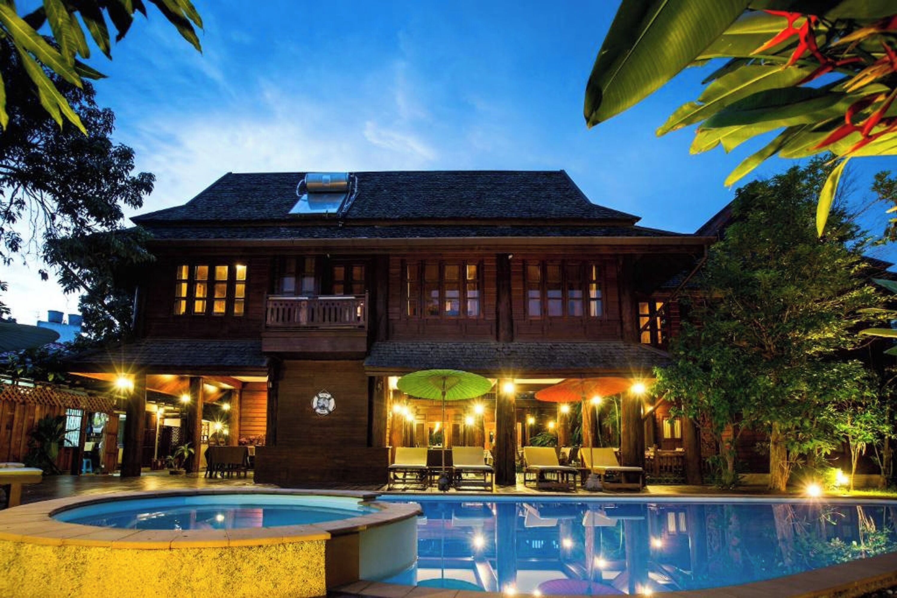 outdoor pool, pool umbrellas, pool loungers