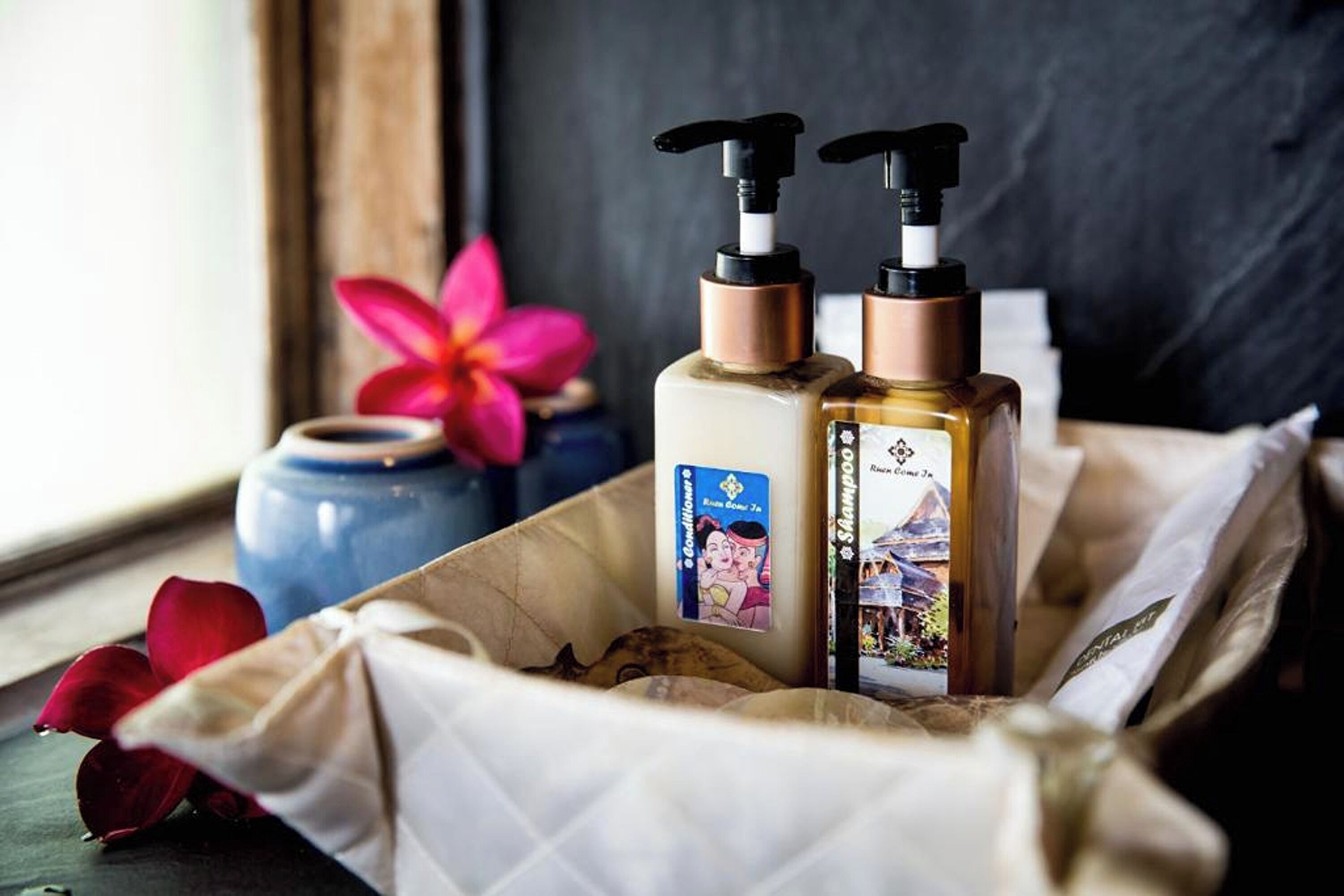 free toiletries, hair dryer, bathrobes, slippers