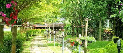 A garden pathway with stone tiles, surrounded by lush greenery and flowering plants.