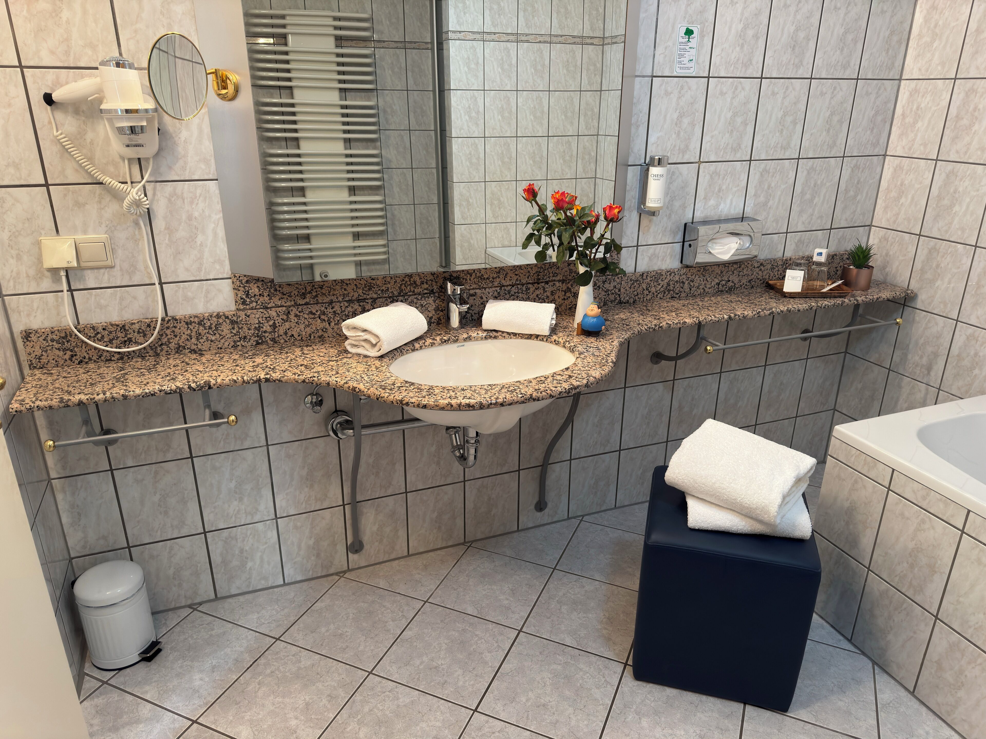 A modern bathroom with a granite countertop, a sink, a mirror, a towel rack, a handheld showerhead, and a small potted plant.