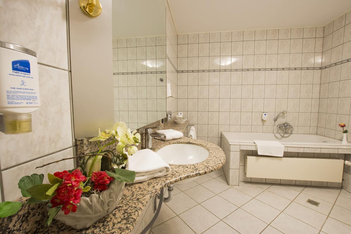 free toiletries, hair dryer, towels