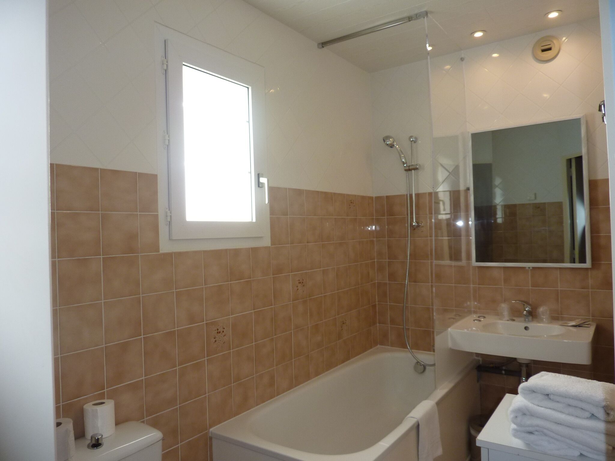 combined shower/bathtub, deep-soaking bathtub, free toiletries, towels