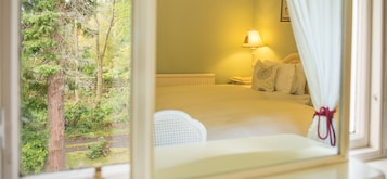 A bedroom with a bed, a bedside table, a lamp, and a view of a forest through a window.