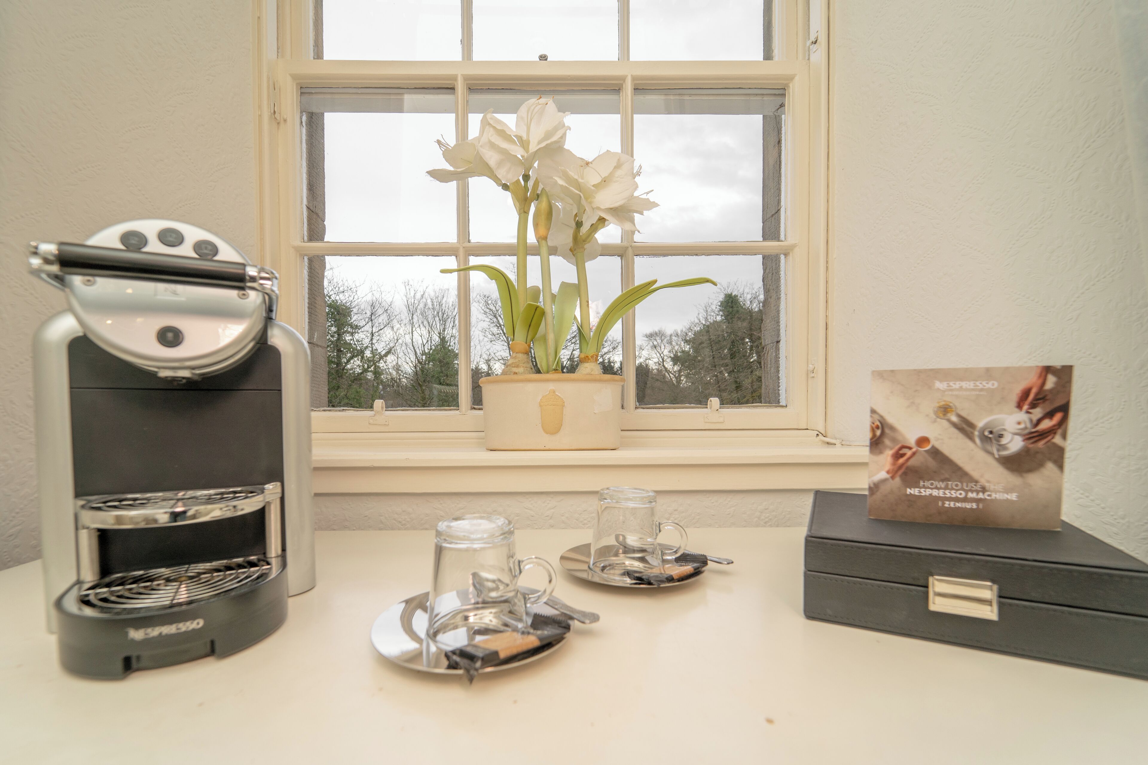 A Nespresso coffee machine, a potted white orchid, and a Nespresso machine manual on a table by a window.