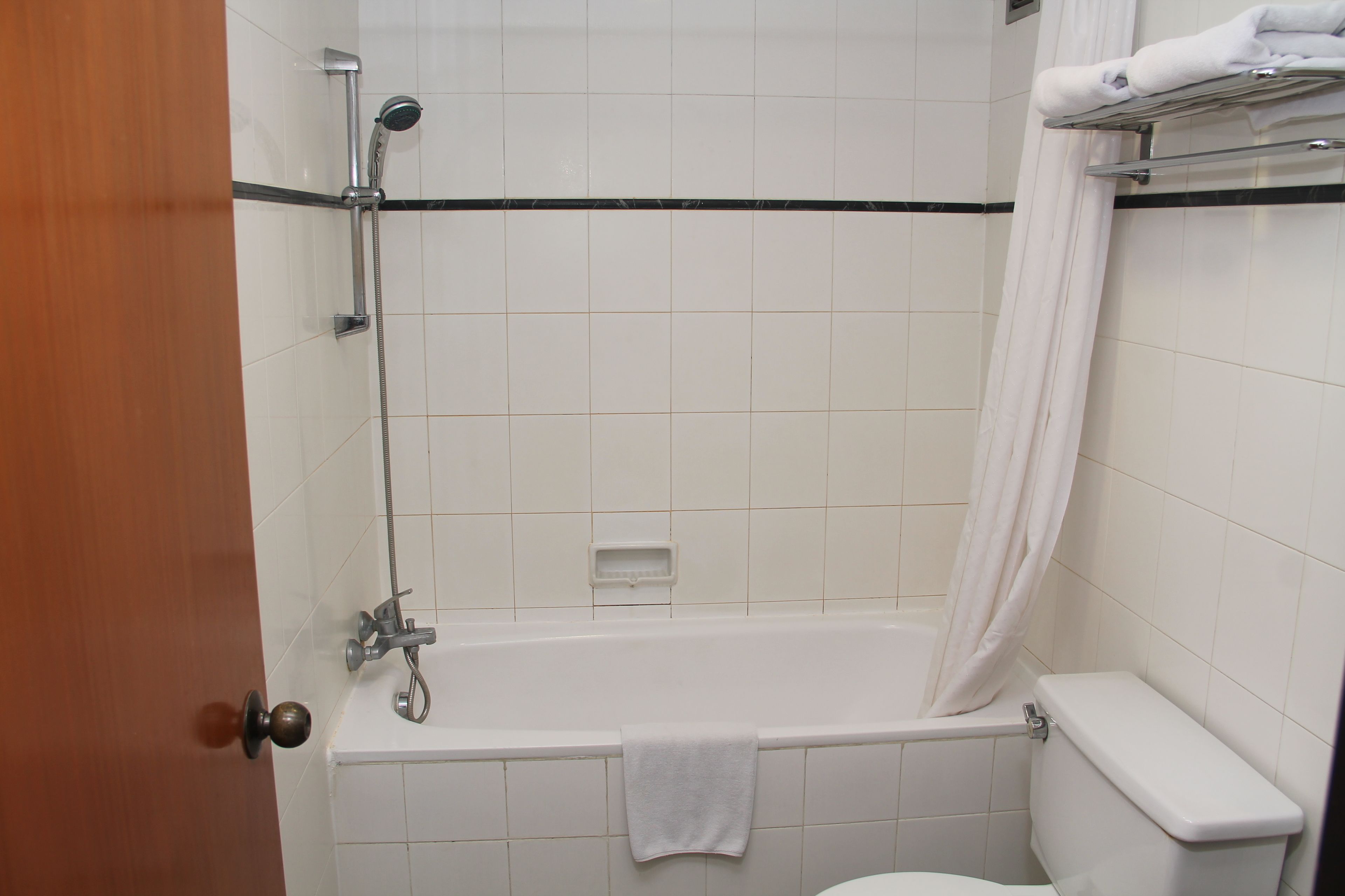 Een badkamer met een bad, toilet en douche.