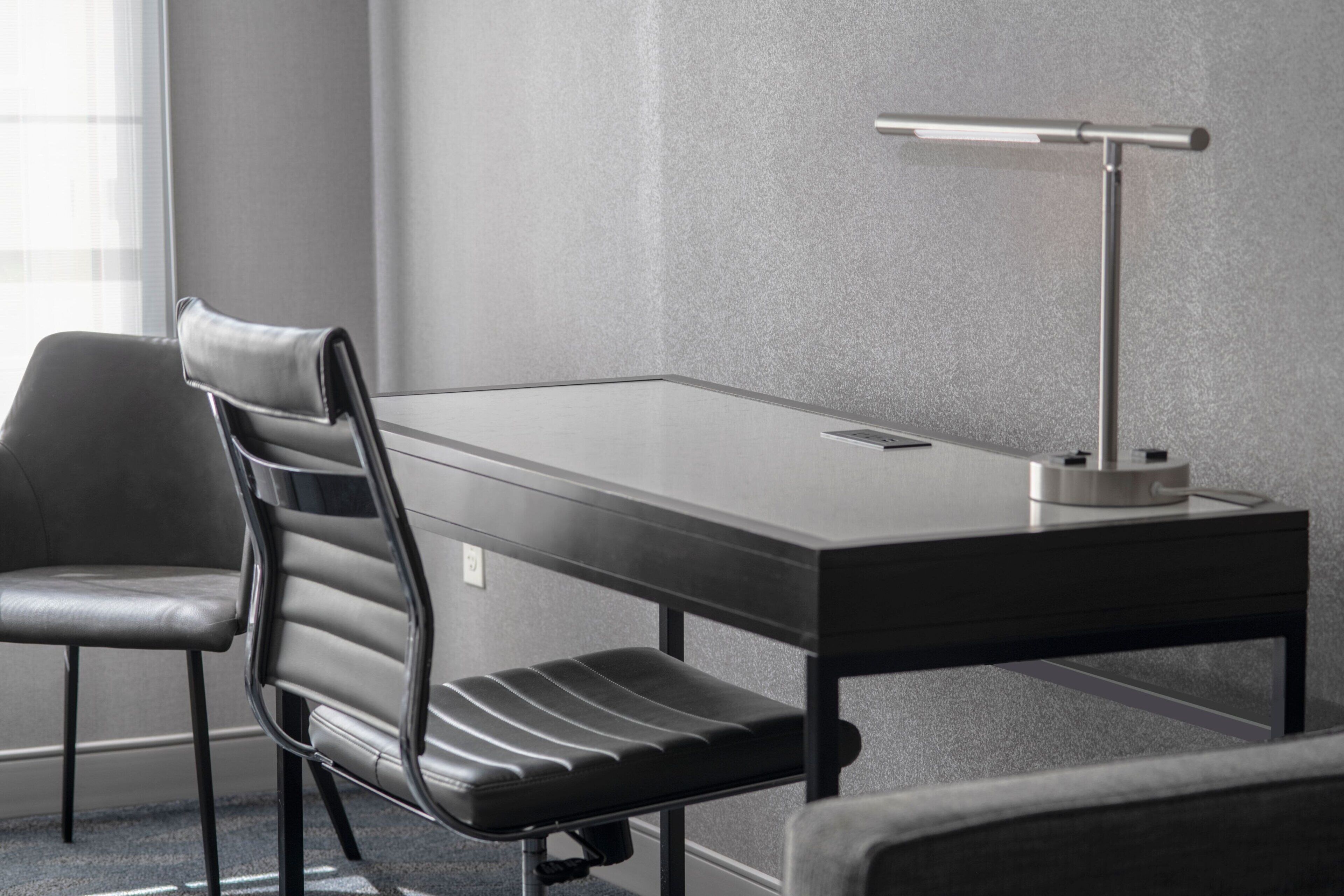 premium bedding, desk, laptop workspace, blackout curtains